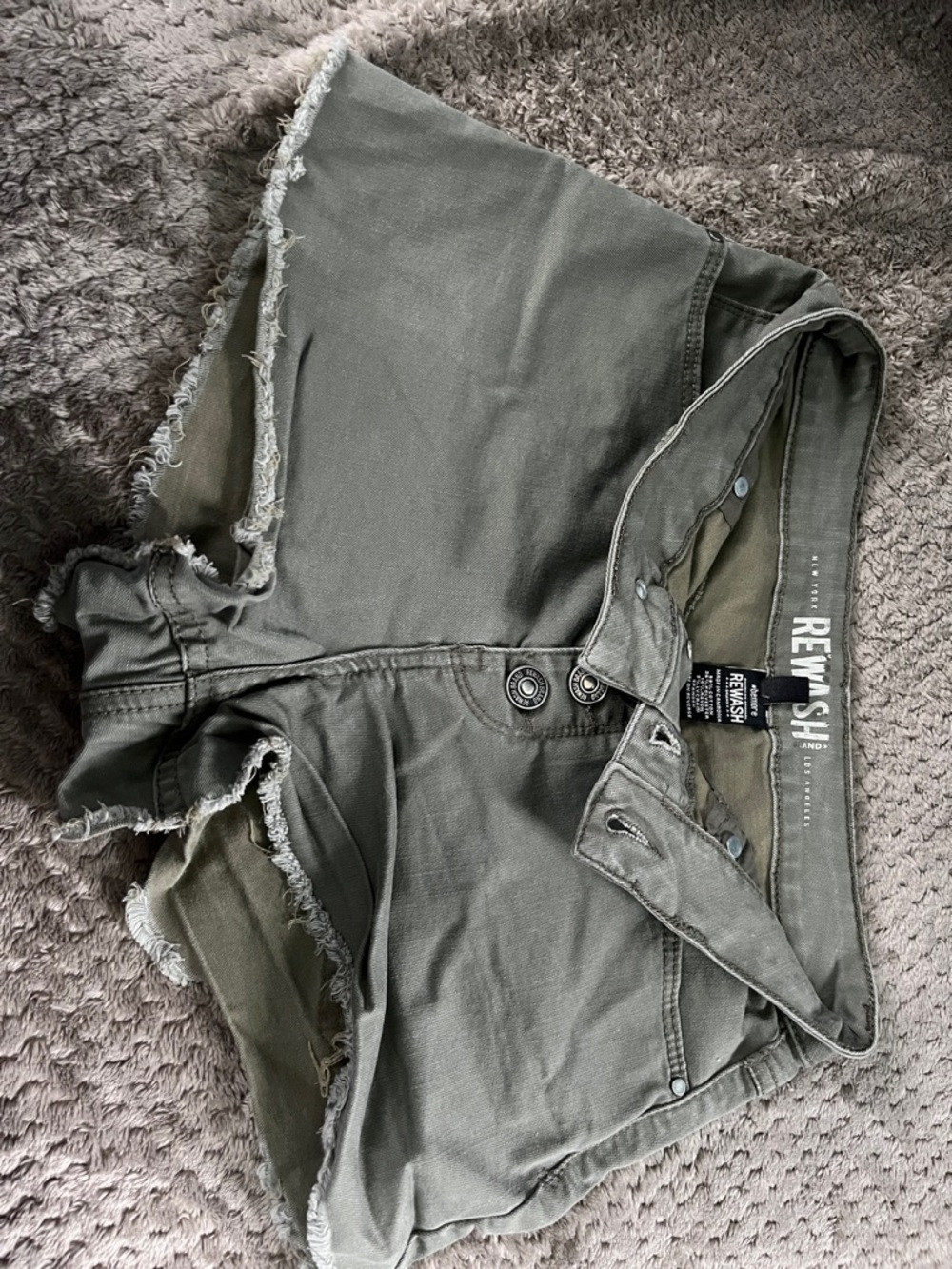 Rewash Olive Green Button-Front Distressed High-Rise Shorts